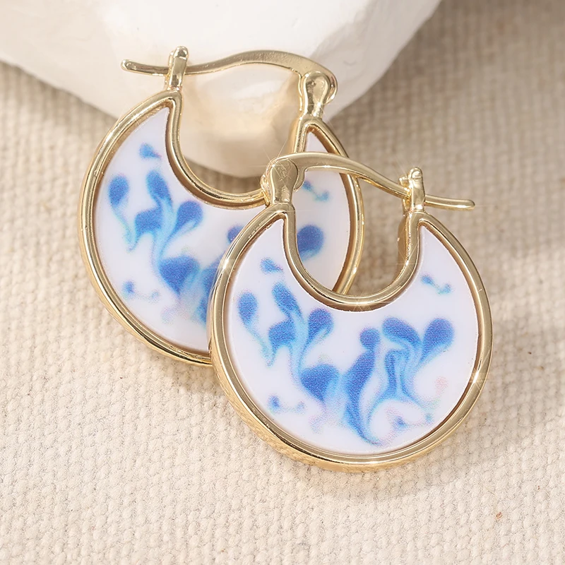 Ethnic Style Porcelain Glaze Painted Hoop Earrings for Women Fashion Temperament Golden Plated Festival Jewelry Accessories Gift