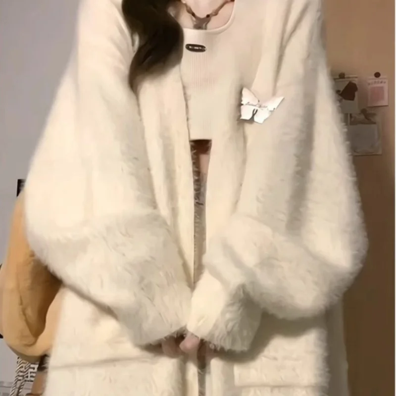 

Mid-Long Cardigans In Woman Womens Spring Urban Raw Collared Bow Collarbone Vintage Streetwear Sleeve Pockets Layered Knits Slim