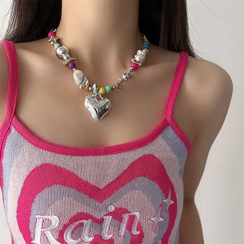 Draweye Colorful Beads Heart Necklace for Women Y2k Korean Fashion Vintage Sweet Jewelry Hiphop Irregular Collares Para Mujer