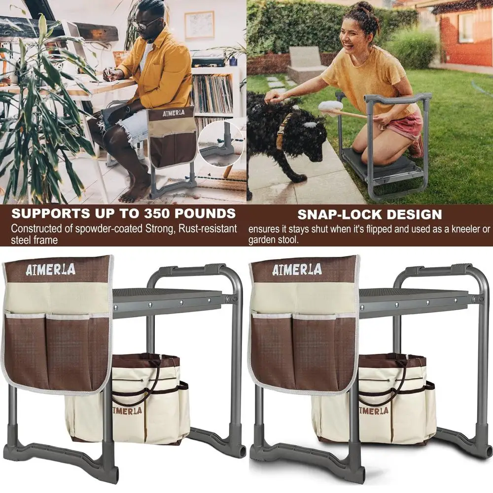 

Прочная садовая скамья-стул с широкой, толстой подушкой и большой сумкой для инструментов - портативная садовая скамья для работы в саду и комфорта