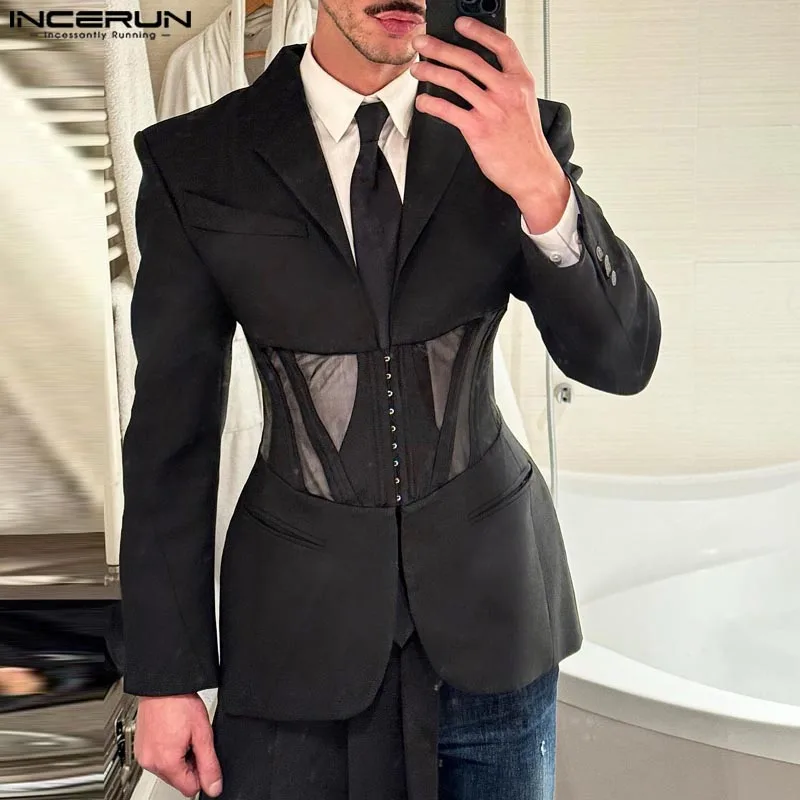 Fashion Casual Style Tops INCERUN 2024 Handsome Men Patchwork Mesh Waistband Suit Coat Sexy Male Solid Long Sleeved Blazer S-5XL
