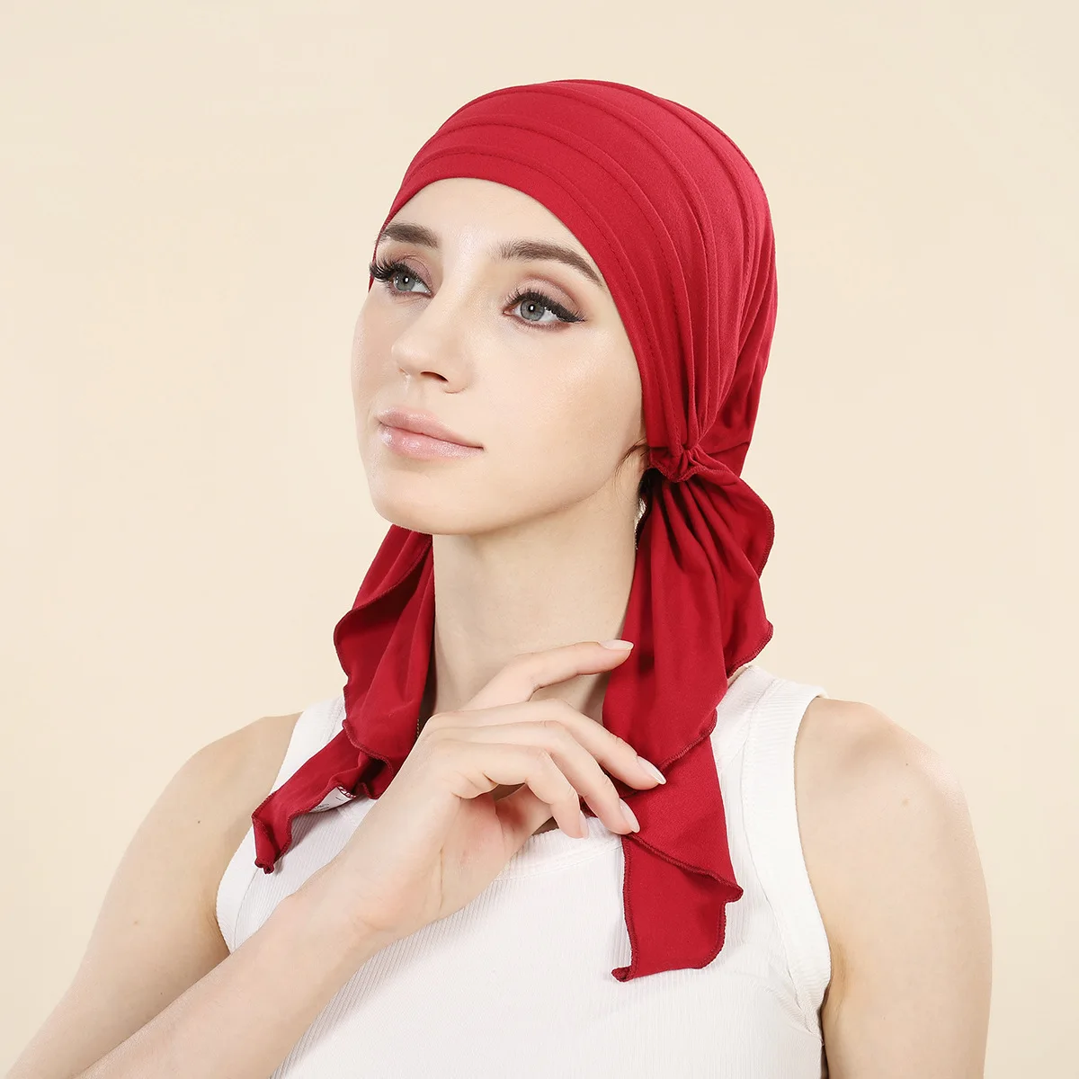 Muslim Women Stretch Solid Colors Turban Hat Cancer Chemo Beanies Caps Pre-Tied Scarf Headwear Headwrap Hair Accessories Mujer