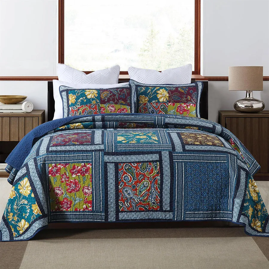 Vintage Cotton Quilt Set 3PCS Patchwork Bedspread Coverlet - King/Queen Lightweight Comforter, Bedding Set for Home Decor