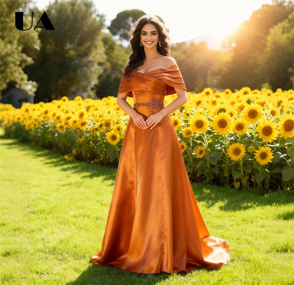 

Popular A Line Long Evening Dress for Women 2026, Off-the-Shoulder Beaded Waist Prom Dresses, Customized Formal Party Gowns