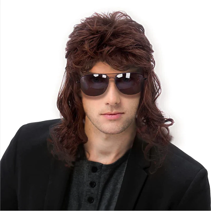 HAIRJOY Synthetic Hair Disco Mullet Wigs for Men Hippie Long Curly Wig for Party Costume Halloween