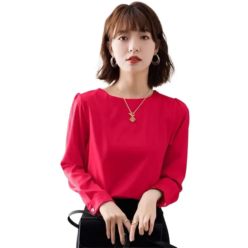 Women Shirts Long Sleeve Satin Blouse Spring/Autum 2024 O-Neck Office Lady Chic Tops Elegant Fashion 10 Colors Womens T-Shirts