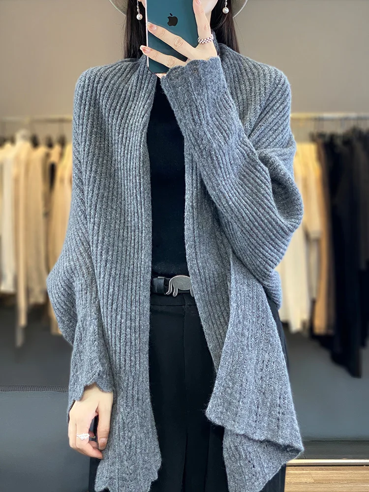 Women\'s Sweater Cardigan Cashmere Shawls Spring Autumn 100% Merino Wool Knitwear Lace Long Sleeve Loose Female Clothing Tops New