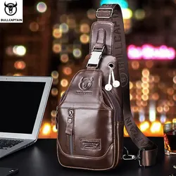 BULLCAPTAIN Genuine Leather Men's Sling Shoulder Backpack Crossbody Chest Bags Travel Hiking Daypack with Earphone Hole