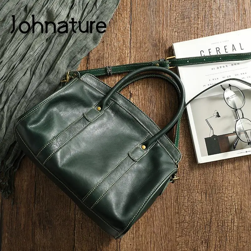 Johnature Handmade Nature Cowhide Women Bag 2024 New Vintage Genuine Leather Luxury Handbag Large Capacity Shoulder Bags