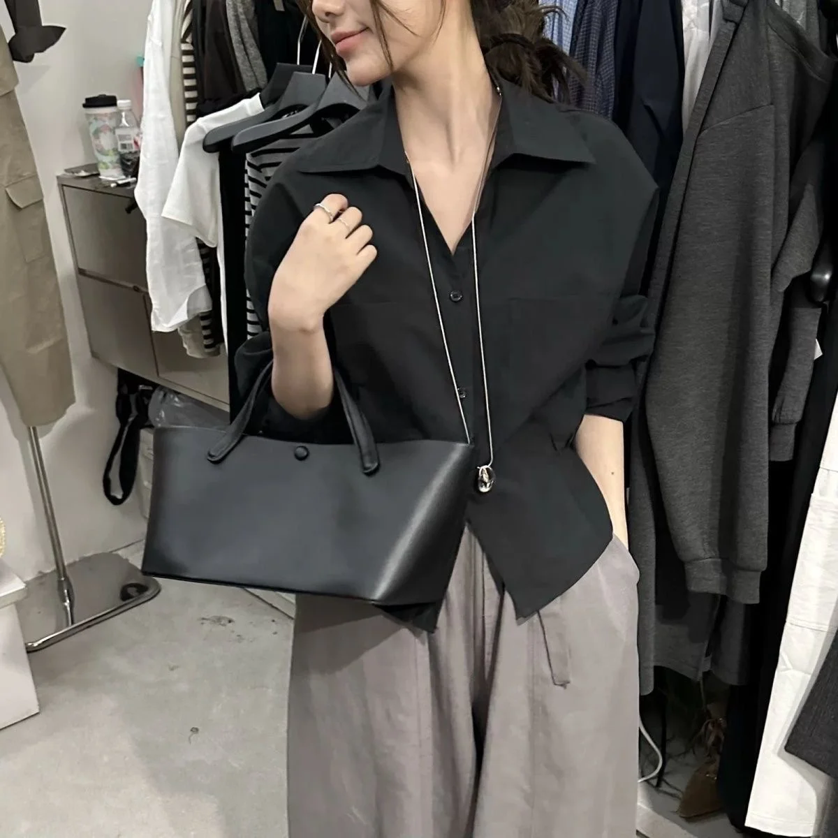 

Korean Design Sensation Women's Commute Shirt Waist Cinching Collar 2025 Autumn New Style Elegant Top Polyester Fiber