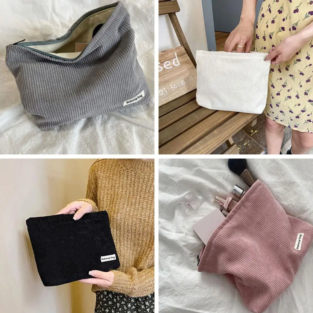 Solid Color Corduroy Cosmetic Bag Clutch Bag Large Beauty Korean Case Cosmetic Toiletry Cute Makeup Pouch Women Organizer B S8Y1