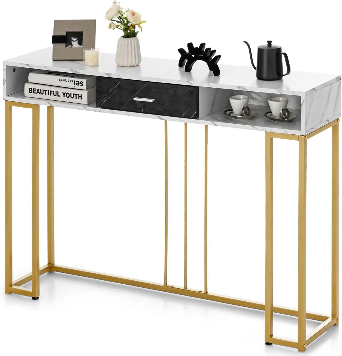 

Узкий консольный стол 48 дюймов, современный шикарный стол для прихожей с столешницей из искусственного мрамора и золотистой отделкой, придиванный столик с 2 открытыми секциями