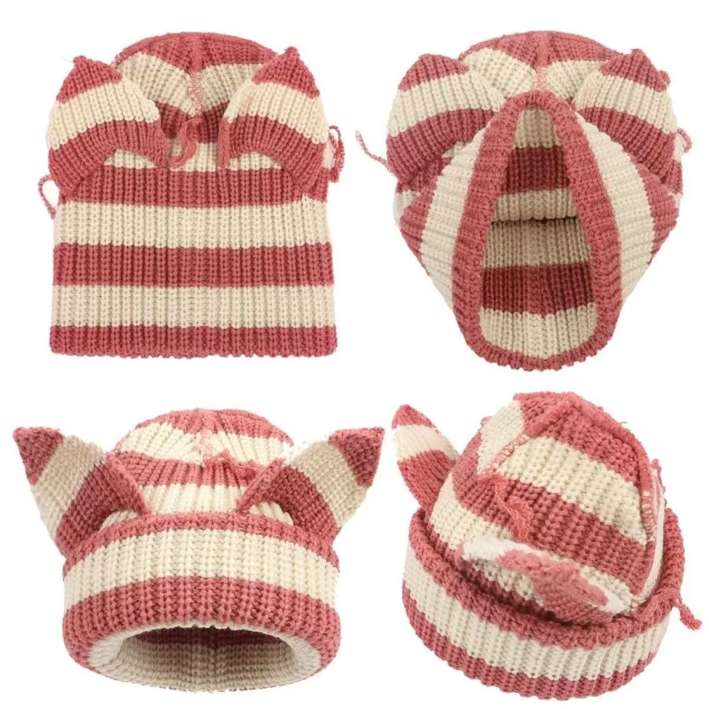 New Yarn Cat Ear Beanie Y2K Harajuku Punk Gothic Knitted Beanie Hat Stretchable Knit Knitted Skull Cap Spring Autumn Winter