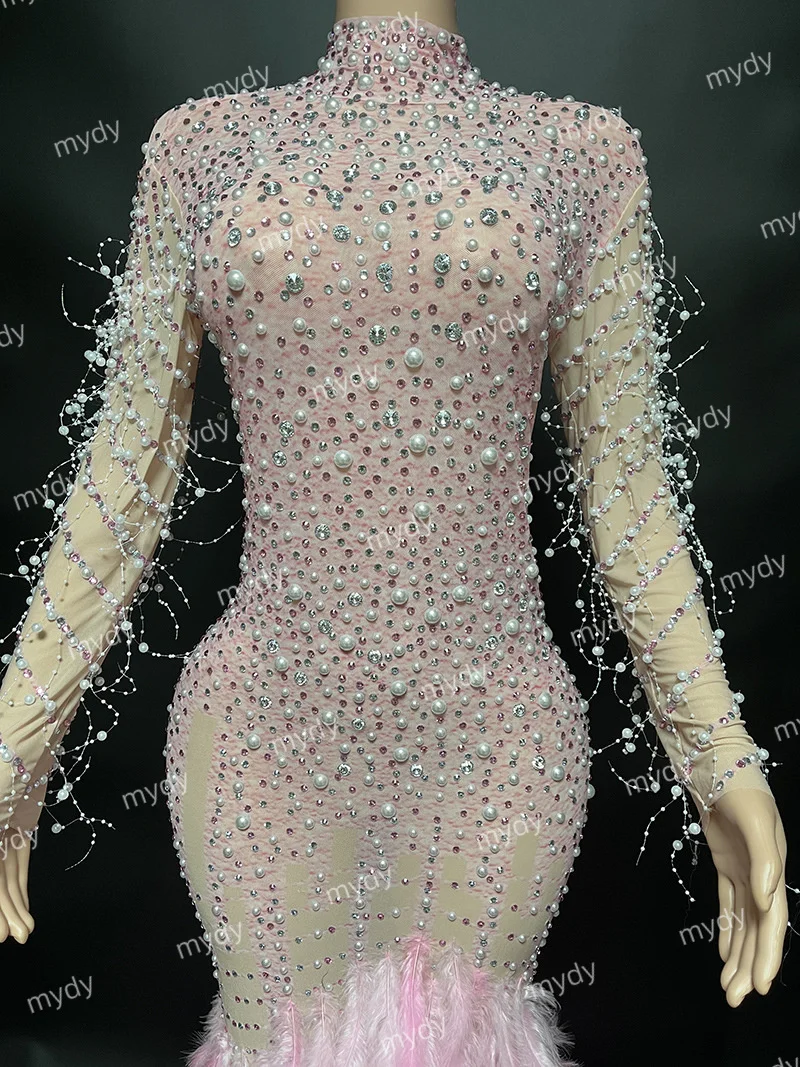 Luxus Sängerin Auto Modell Tanz Wasser Diamant rosa lange Abendkleid Feder Perlen Bühne Performance Kostüm