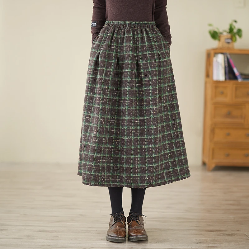 Fashionable Thickened Woolen Plaid A-Line  Skirt Women's Slimming Mid-Length Skirts High Waist Polyester Wool Blend
