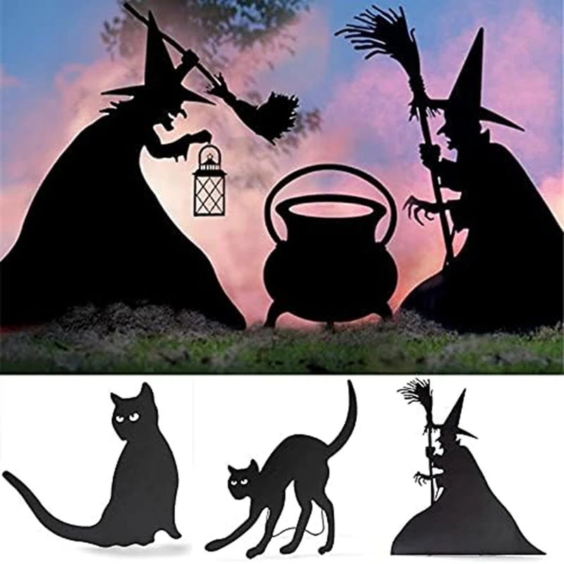 Halloween Witch Silhouette, Wrought Iron Witches Black Cauldron Black Cat Yard Signs Scary Family Home Front Yard A Durable