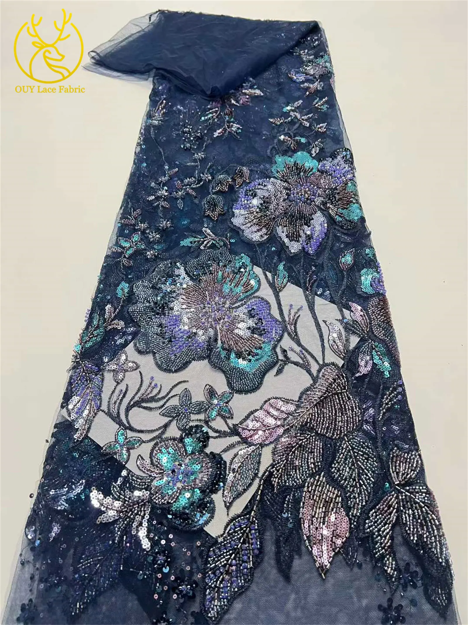 Afrikanischer schwerer Perlen-Spitzenstoff, 5 Yards, luxuriöse französische Pailletten-Spitze, Nigeria-Stickerei, Tüllspitze für Hochzeitskleider – Detail 13