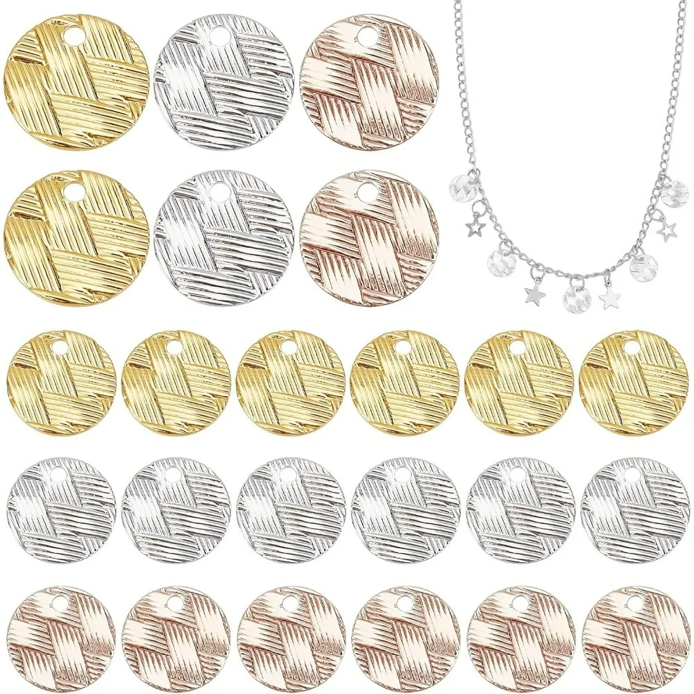 

120pcs Flat Round Pendants 10mm Brass Earring Charms 3 Colors Stamping Tag Pendants Weaving Grain Coin Charms for Earrings