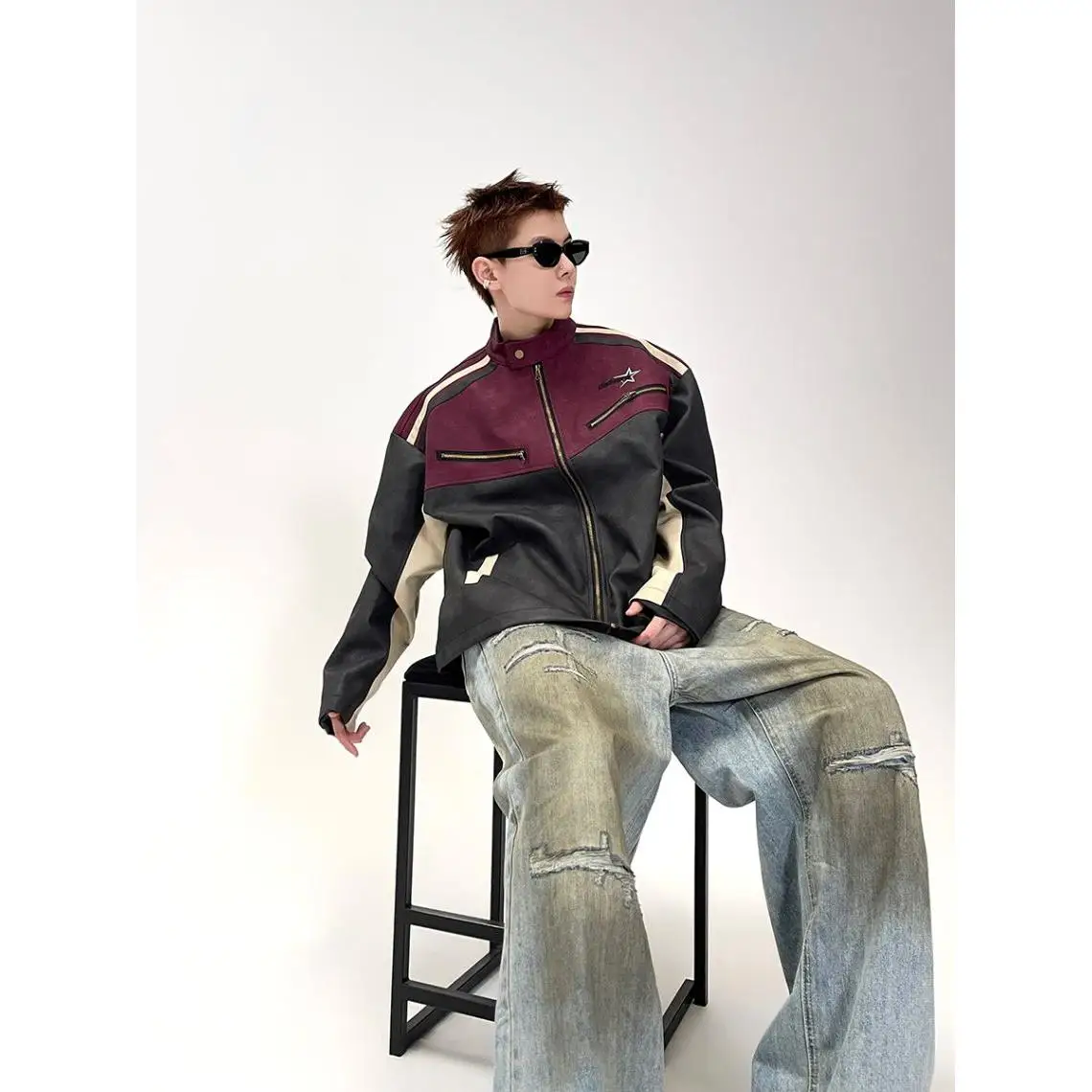 Chaleco Retro Americano de Cuero PU Combinado para Hombre y Mujer, Estilo de Alta Gama, Cuello Alto, Estilo Motero, Informal de Primavera