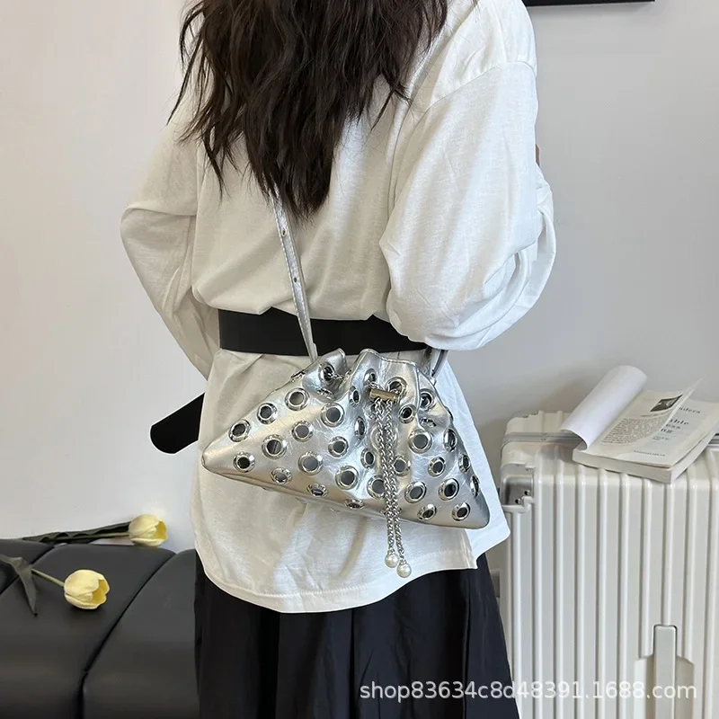 

​​"Edgy Women's Bucket Bag 2025new Punk Hollow Crossbody Purse Gothic Studded Shoulder Bag Rocker Chick Drawstring Handbag"​​