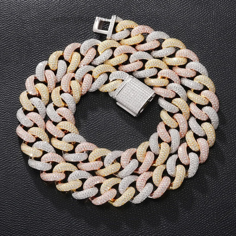 Cuban 20mm Link Chain Necklace Customized 3 Tones 925 Silver Hip Hop Iced Out Moissanite Cuban Chain.