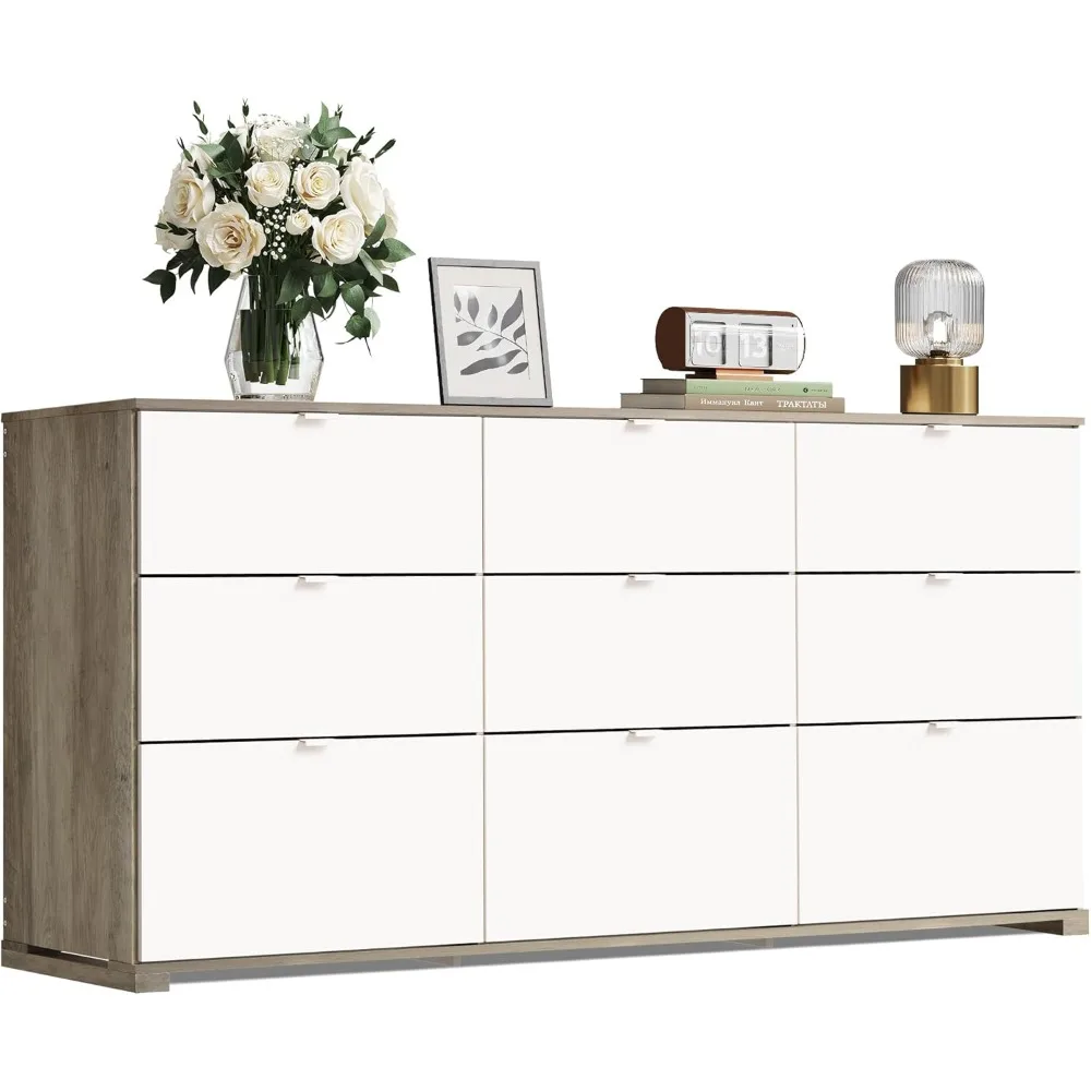 침실용 모던 대형 목재 드레서, 견고한 금속 손잡이로 정리, 75 인치 TV용 TV 스탠드, 거실용 9 서랍 드레서