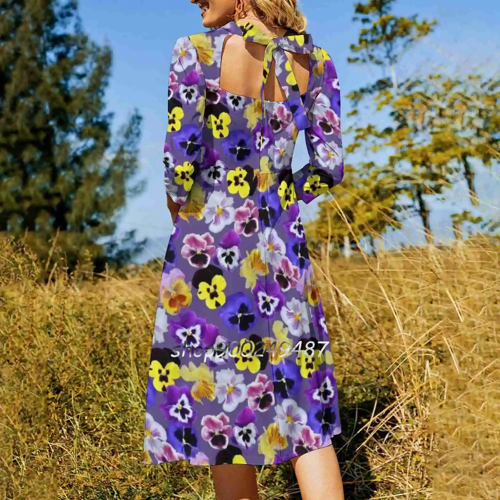 Pansy Mixture On Violet Sweetheart Knot Flared Dress Fashion Design Large Size Loose Dress Pansy Pansies Flowers Flora Floral