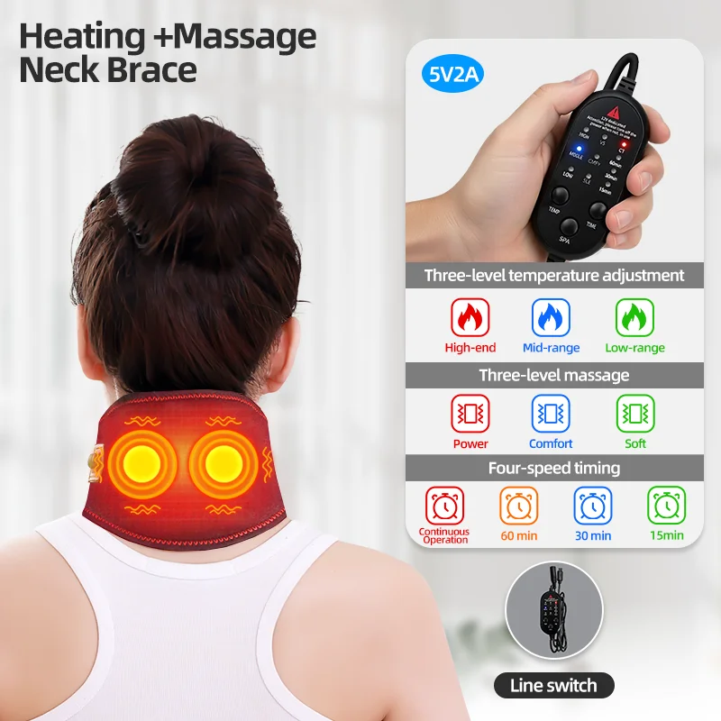 Electric Heated Neck Support Vibration Massager Hot Compress Relieves Joint Fatigue Discomfort 3-Level Timer USB Port,Family Use