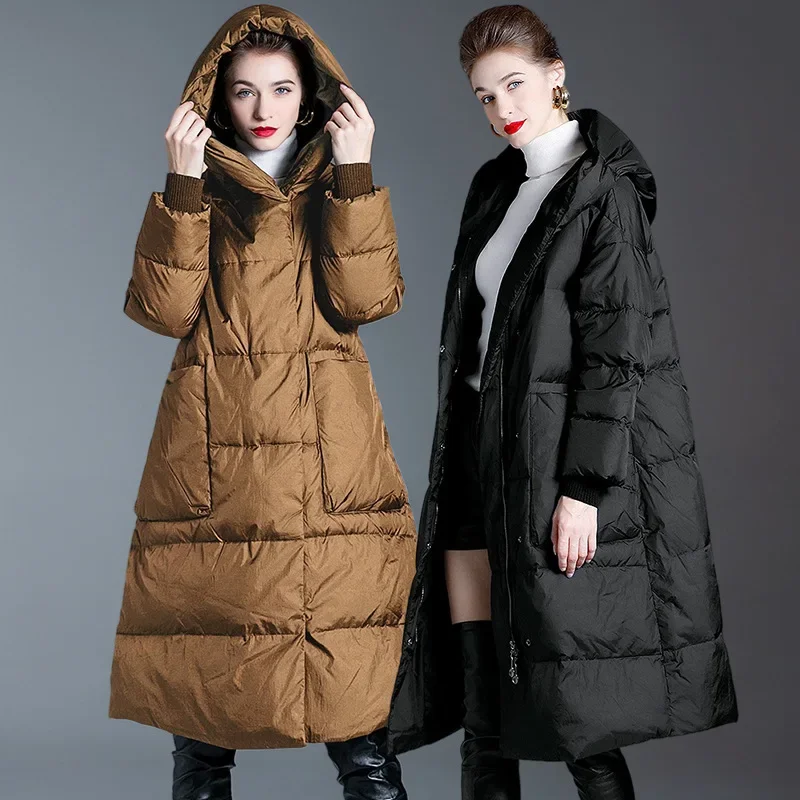 

New Women's Mid-Length Oversized Hooded down Jacket Thick Duck down Winter Coat Long Sleeve Thickened Polyester Fiber Coat