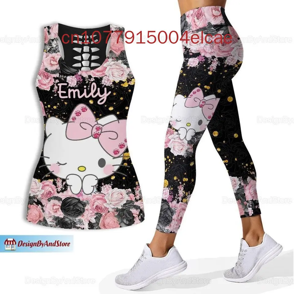 New Hello Kitty Women\'s Hollow Vest + Women\'s Leggings Yoga Suit Fitness Leggings Sports Suit Disney Tank Top Legging Set