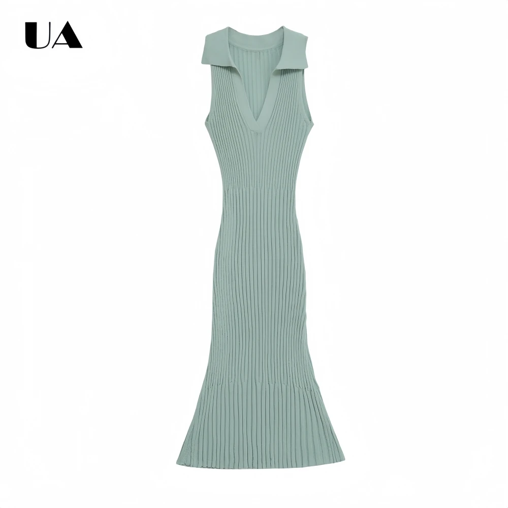 

Fashionable Knitted Mermaid Sleeveless Midi Dress, Vintage Turn-down V-neck Long Dresses for Women, Commuter Style Solid Dress