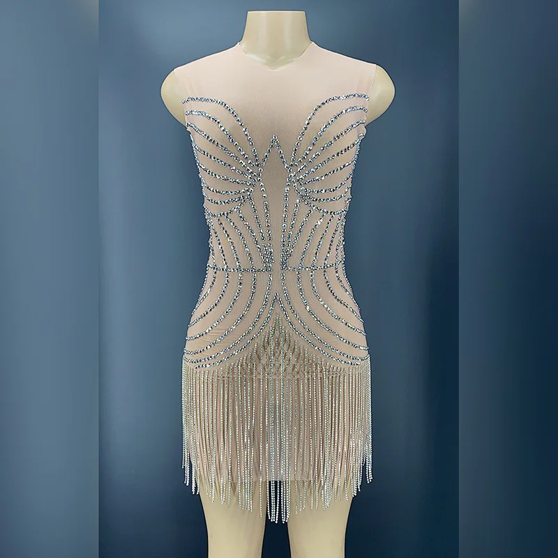 

Birthday Sexy Lady Dazzling Diamond Tassel Sleeveless Hot Club Gala Dress Women's Evening Dresses For The Event Bodycon Dresses