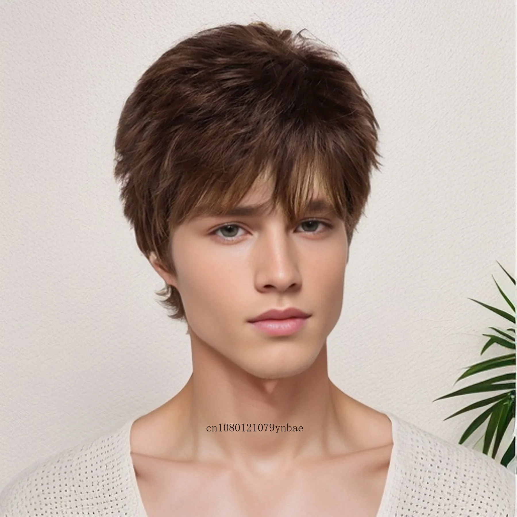 

Men's Wig Synthetic Brown Wig with Bangs Natural Straight Layered Hair Soft Breathable Heat Resistant Daily Male Wig Cosplay