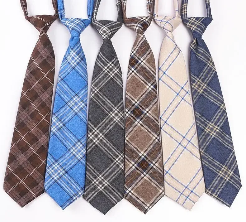 Ins Harajuku College Style Ties Fashion 7CM Cotton Plaid Elastic Band Tie for Man Women Student Shirt School Uniform Necktie