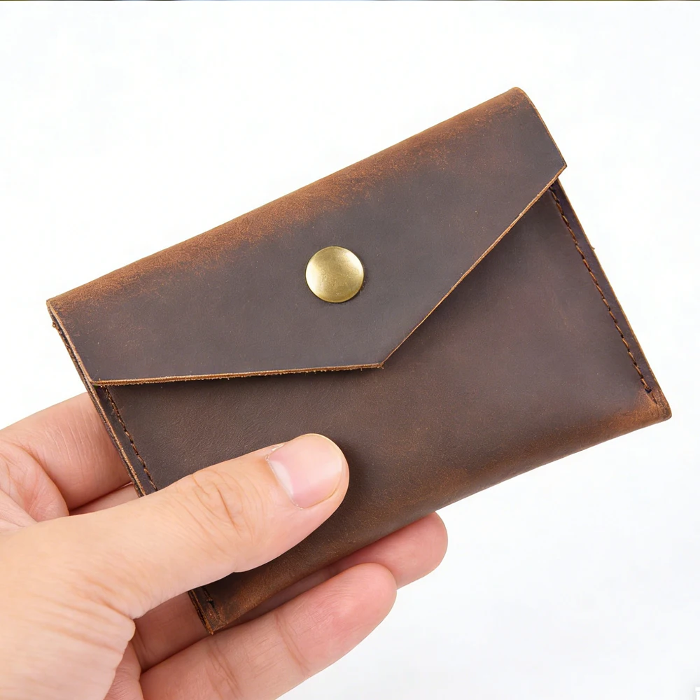 Retro Echtleder-Brieftasche im Umschlagstil mit Druckknopfverschluss, Mini-Karten- und Münzgeldbörse, Schlanke Taschenbörse für Bargeld und Karten