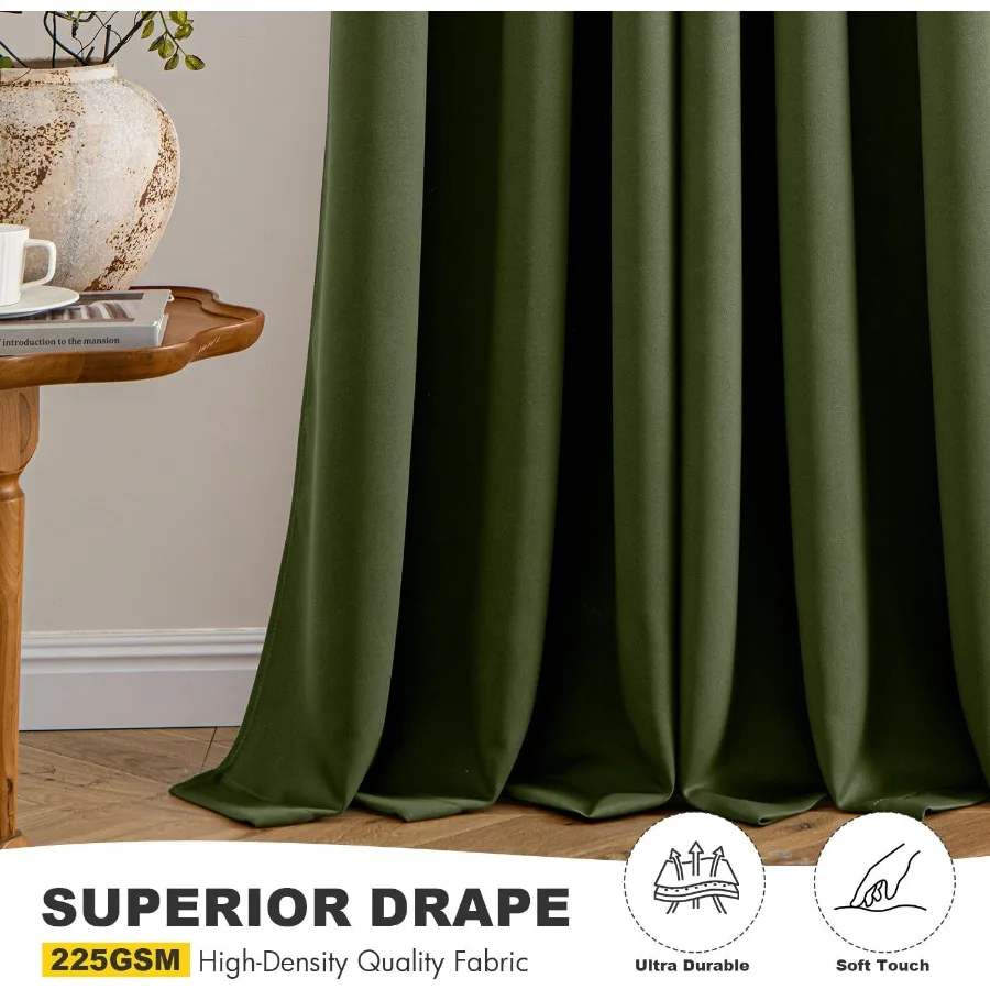 Olive Green Blackout Curtains for Bedroom Living Room 63 Inches Long 2 Panels Thermal Insulated Room Darkening Drapes Solid Gro