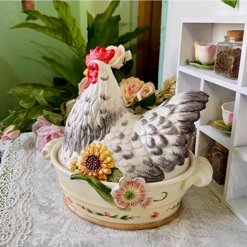 French Vintage Egg Container Ceramic with Cover Fruit Bowl Creative Hen Storage Tank Living Room Wine Cabinet Home Accessories
