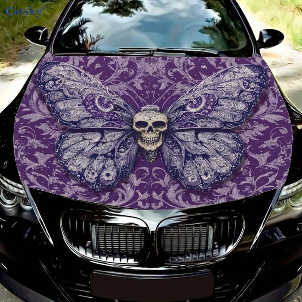 

Gothic Butterfly Skull Car Engine Cover Protective Film, Durable Printed Vinyl Packaging Stickers, Personalized DIY Waterproof C