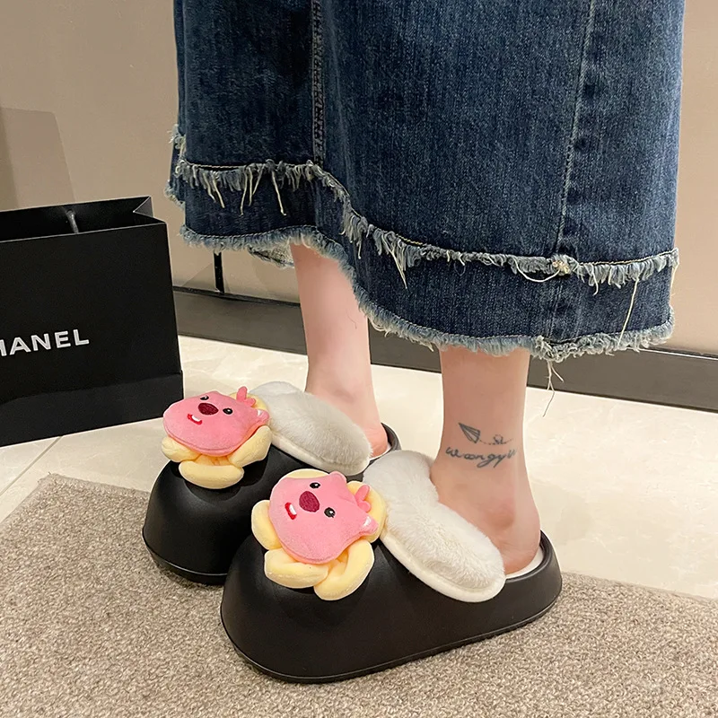 Kawaii Cartoon Anime Loopy Flat-Soled Slip-On Furry Shoes Women's Outer Wear Thick-Soled Warm and Cute Plush Cotton Shoes