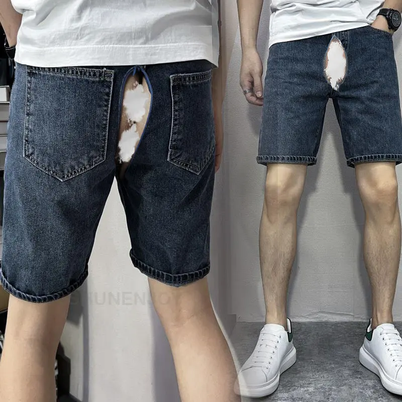 Men's Jeans Shorts Summer Thin Invisible Open-Seat Pants Fifth Pants Versatile Simple Denim Pants Retro Casual Pants Outdoor Sex