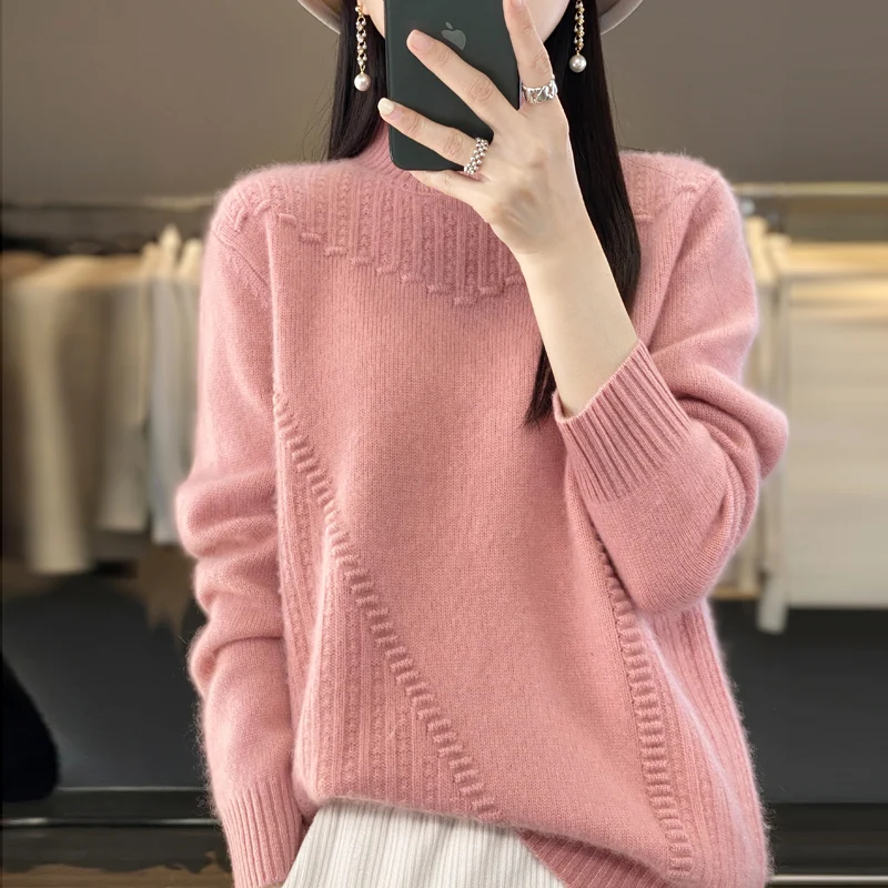 

2023 New 100% Pure Wool Women's Half High Collar Thickened Sweater Fashion Solid Color Casual Loose Slim Knitted Cashmere Shirt