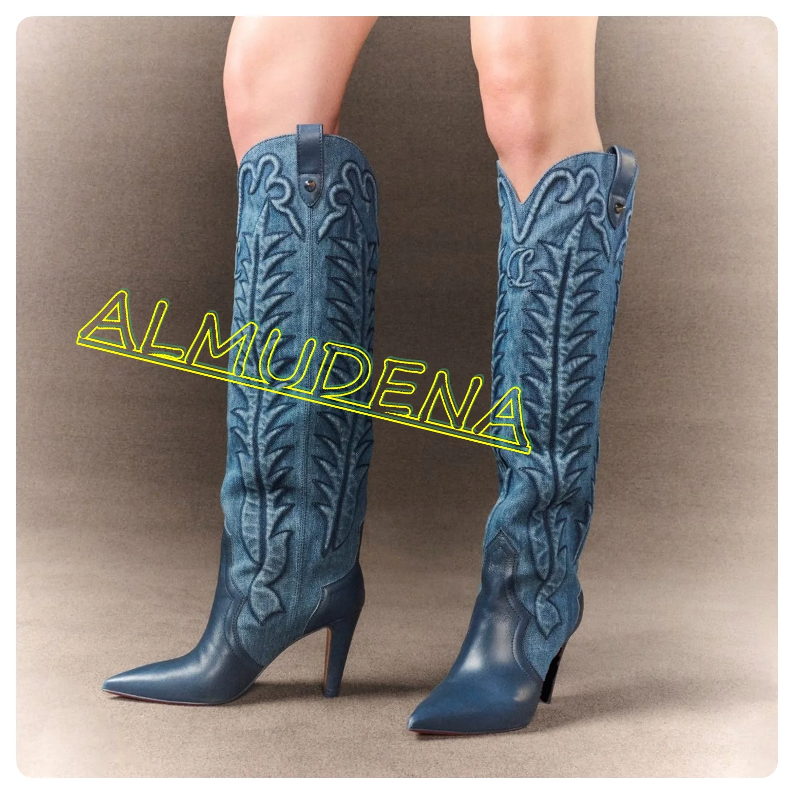 Denim Embroidery Handmade Knee-high Boots Pointed Toe Slip-on Elegant Catwalk Winter Western Cowboy Style Luxury 2025 New Boots