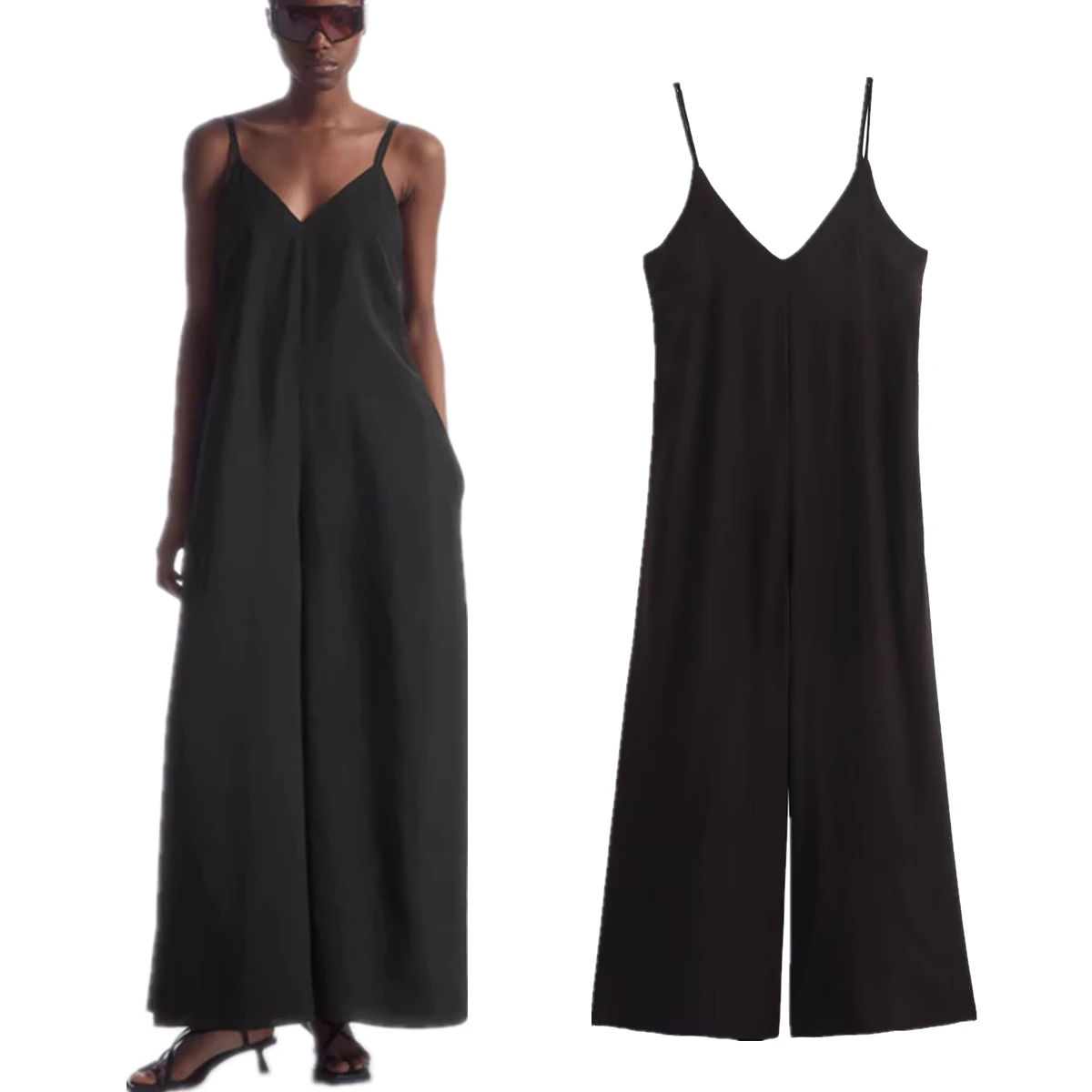 Withered Nordic Minimalist V-neck Dungaress Women Camisole Loose Jumpsuit Black Sexy Backless