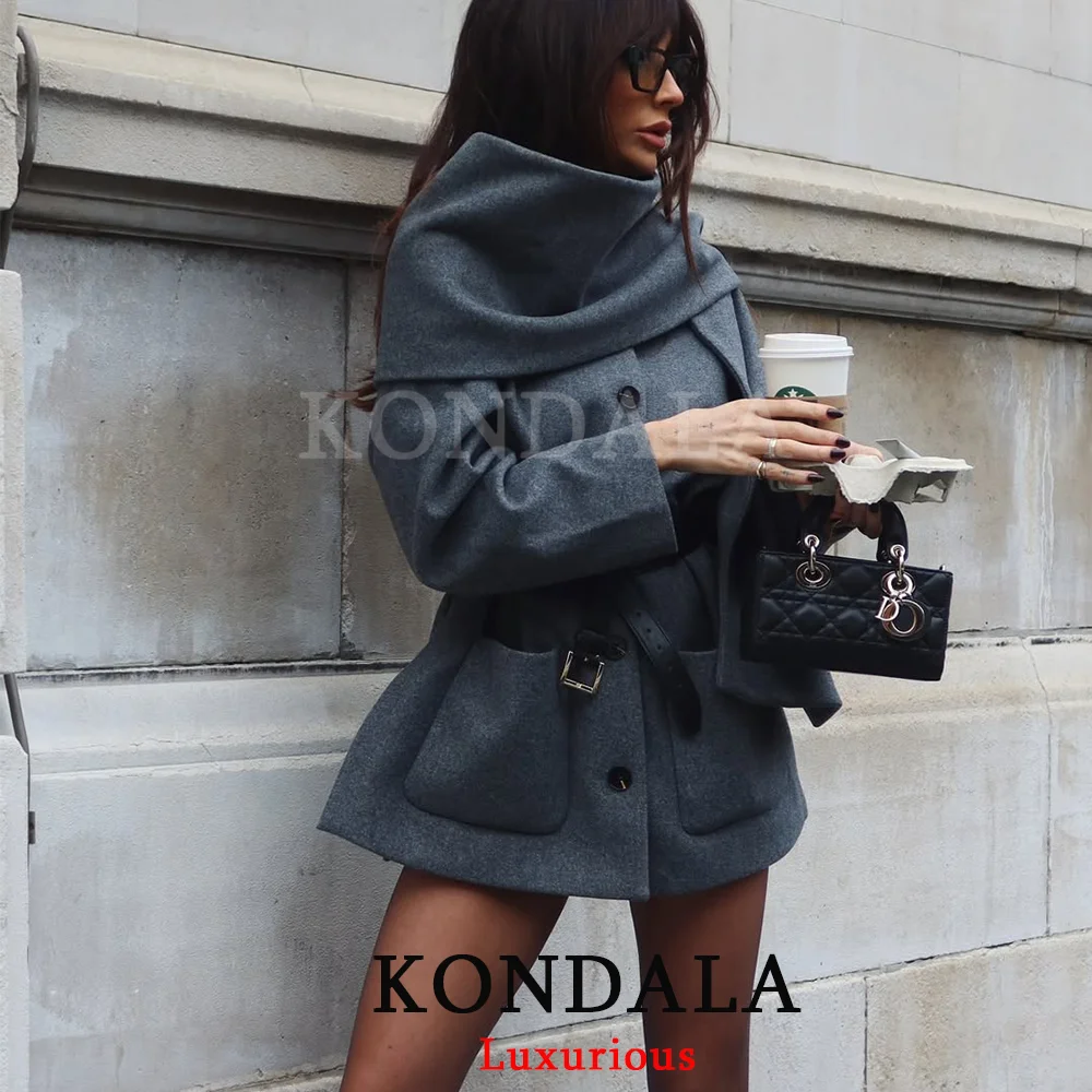 

KONDALA Elegant Chic Gray Oversized Scarf Loose Jackets Women Long Sleeve Buttons Pockets Coats Fashion 2025 Autumn Winter Tops