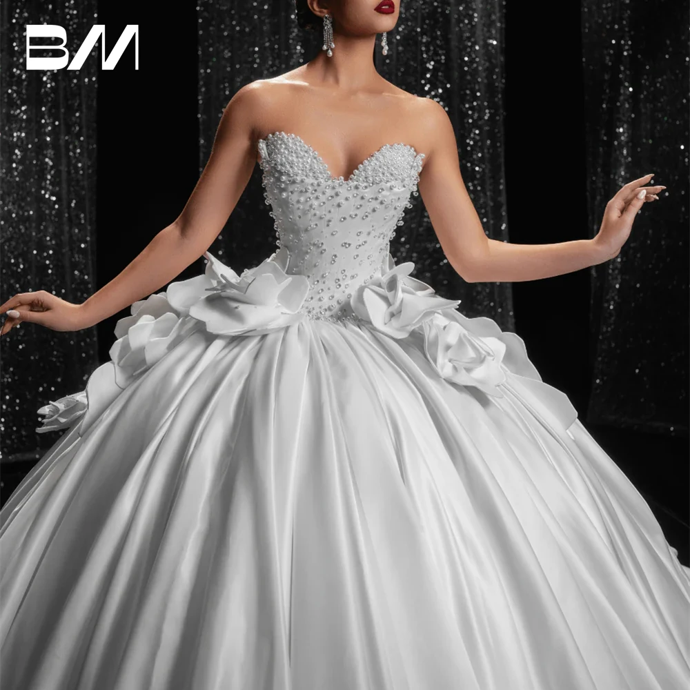 Elegante pérolas vestidos de casamento para mulheres sem mangas longo cetim vestido de noiva personalizado vestidos de noiva femininos com floral 3d