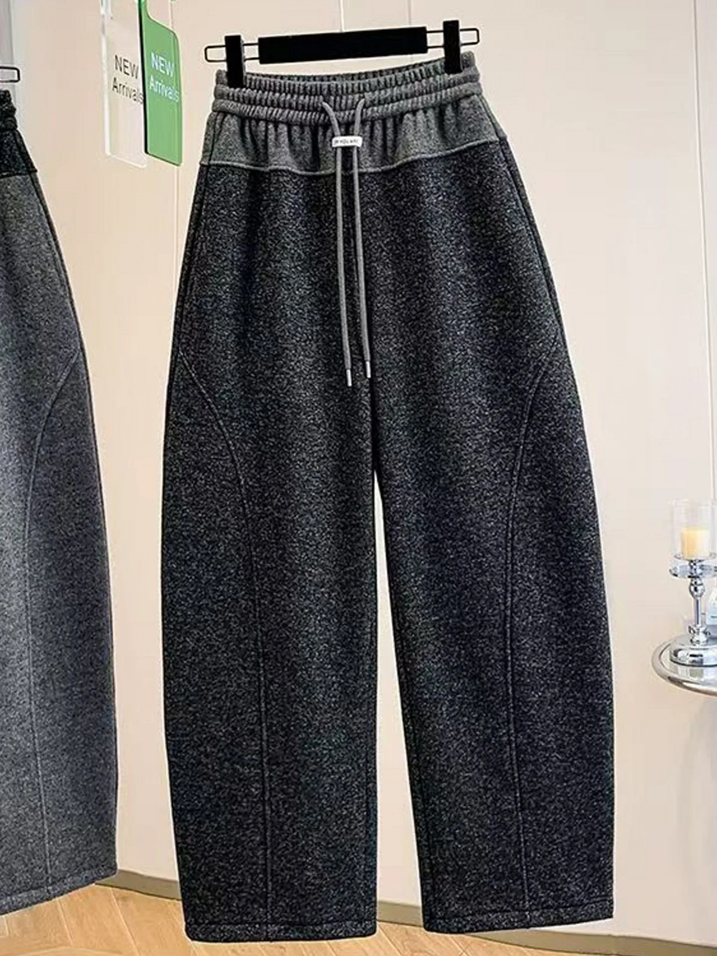 بنطلون نسائي واسع الساق بخصر مرتفع مبطن، سروال رياضي فضفاض غير رسمي للربيع والخريف والشتاء بتصميم مستقيم