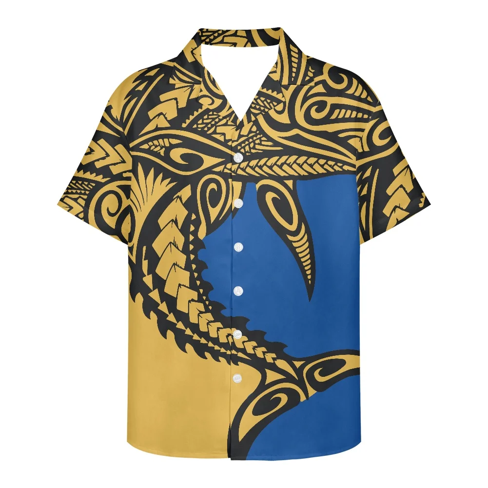 HYCOOL Tribal Shark Tattoos Printed Polynesian Men Short Sleeve Shirt Summer Button Down Hawaiian Shirt For Wedding Party Yellow