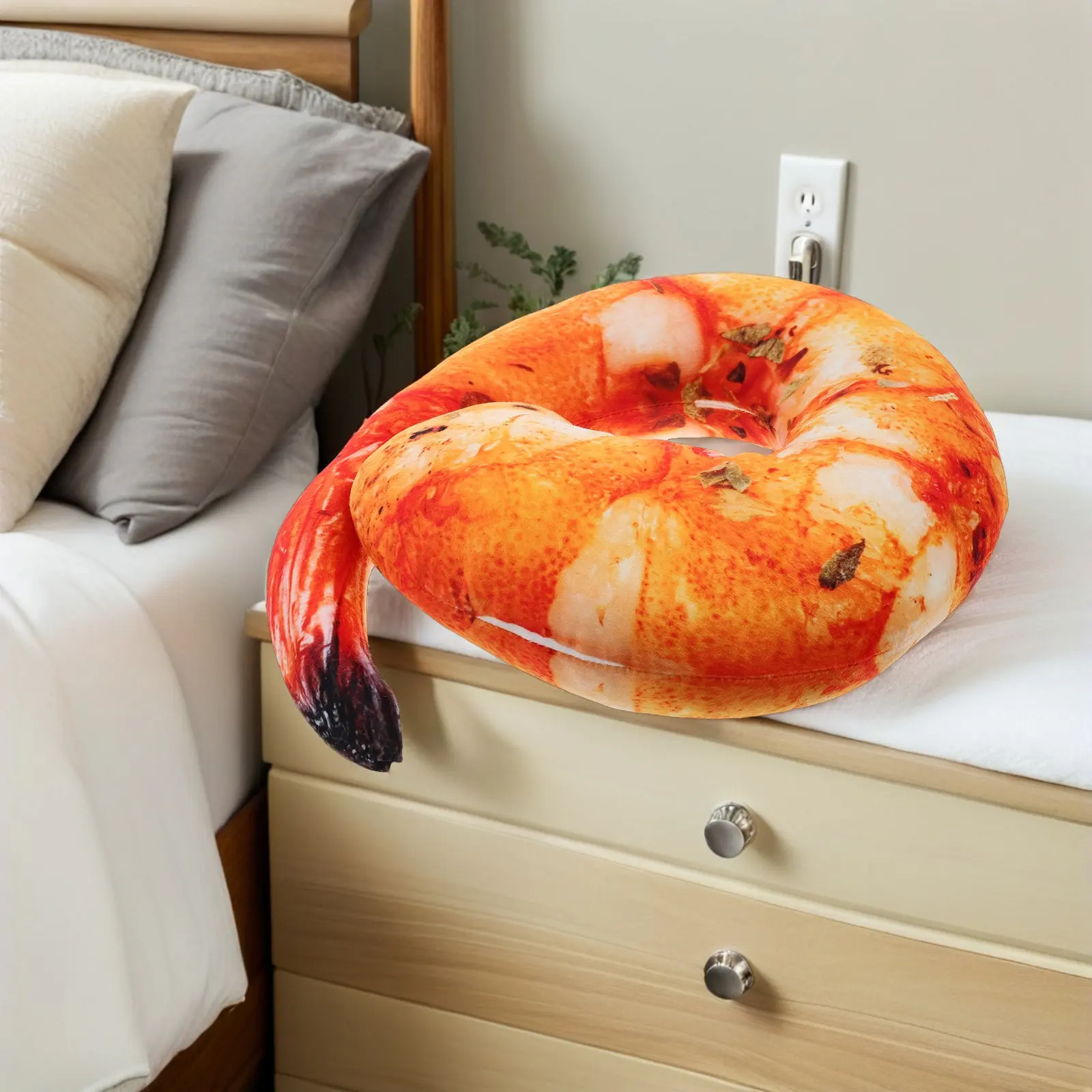 Funny Realistic Cooked Shrimp Pillow Soft Cuddly Cushion U Shape Neck Support Home Decor Kitchen Prop Snack Themed