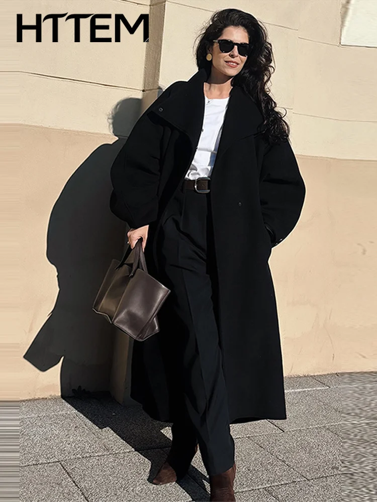 Chic Women's Autumn Winter Long Jacket Black Stand Collar Full Sleeve Covered Button Pockets Outwear 2026 Loose Lady Overcoat