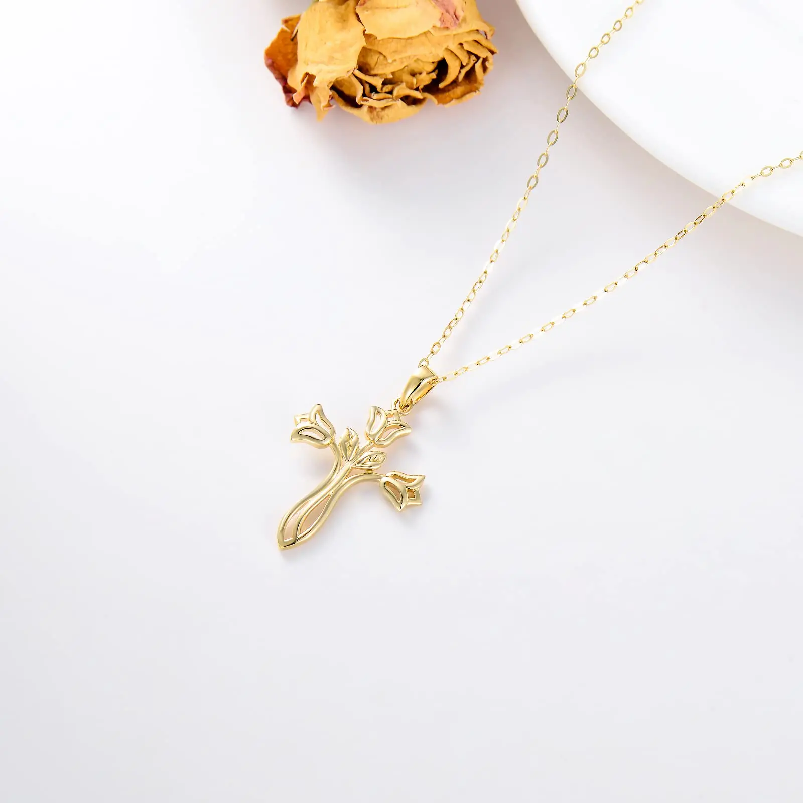 YFN 14K Real Gold Cross Rose Necklace for Women Girls Yellow Gold Flower Pendant Necklace Jewerly Gifts for Birthday Christmas